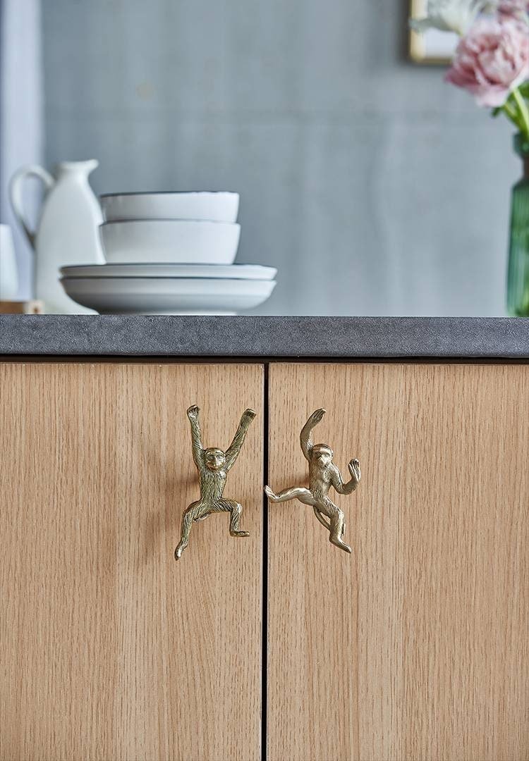 Fun brass monkey cabinet pull/animal door handle/tropical decor/zoo animal drawer pull/nursery decor/gold furniture hardware/monkey handle
