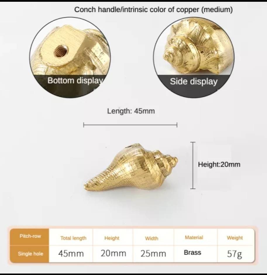 Gold solid brass conch shell cabinet pull/Seashell shaped door handle/beach themed drawer knob/brass furniture hardware/sea shell handle