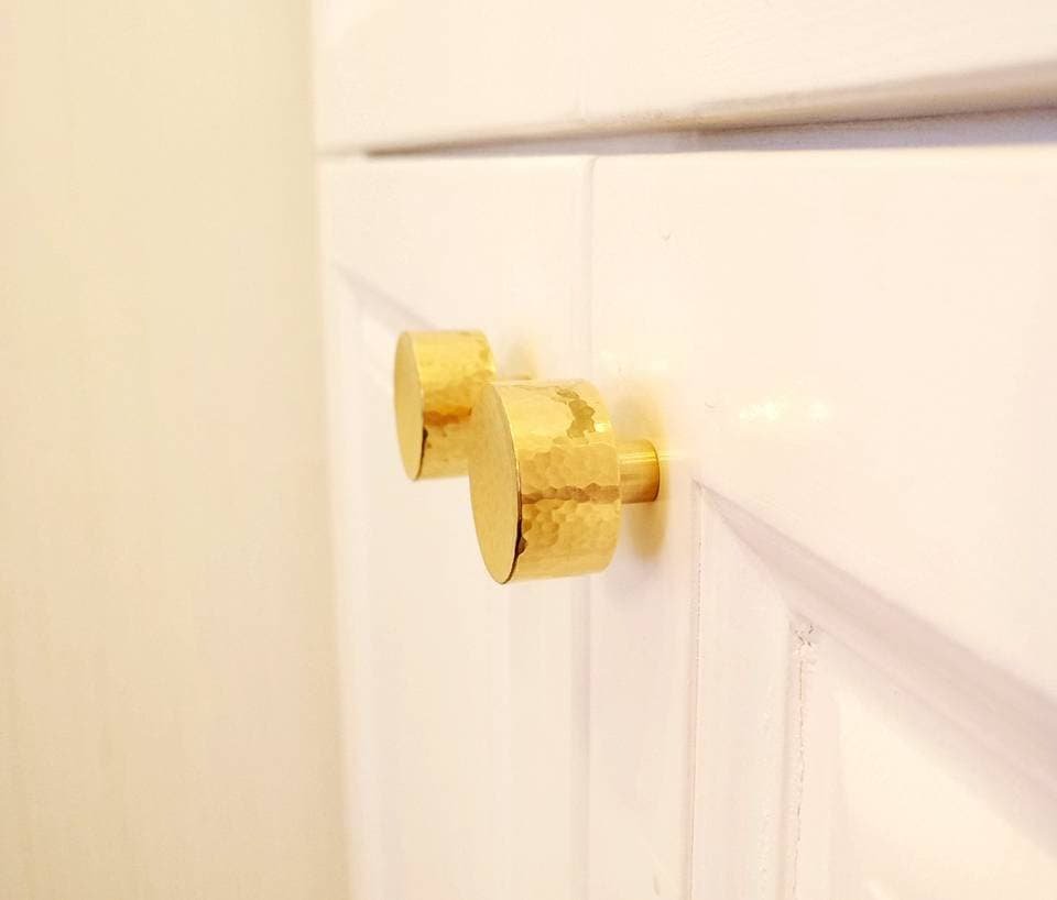 Solid shiny hammered brass round drawer handle/Textured brass cabinet pull/Round inverted gold door knob/Heavy gold brass drawer pull/