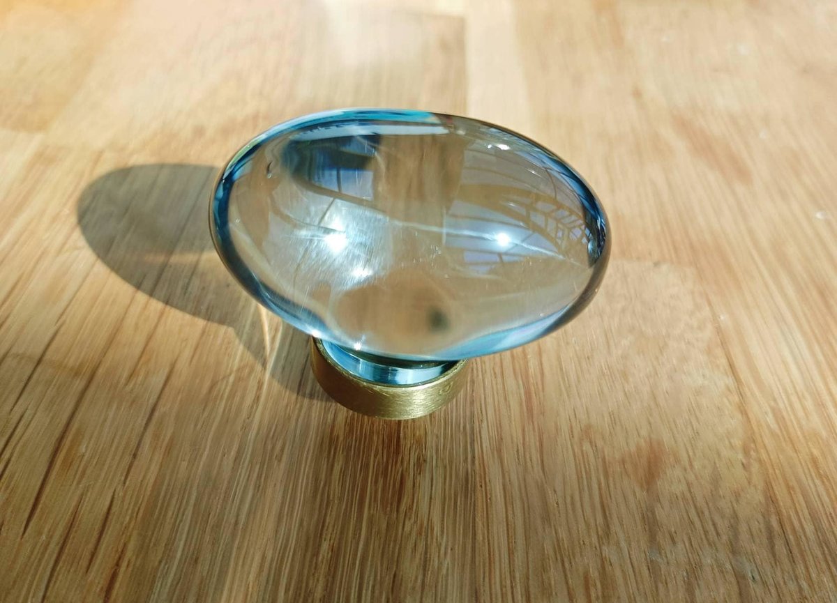Grey oval crystal and brass cabinet pull/Retro cool grey egg shape crystal drawer knob/mid century style smooth polished crystal door handle