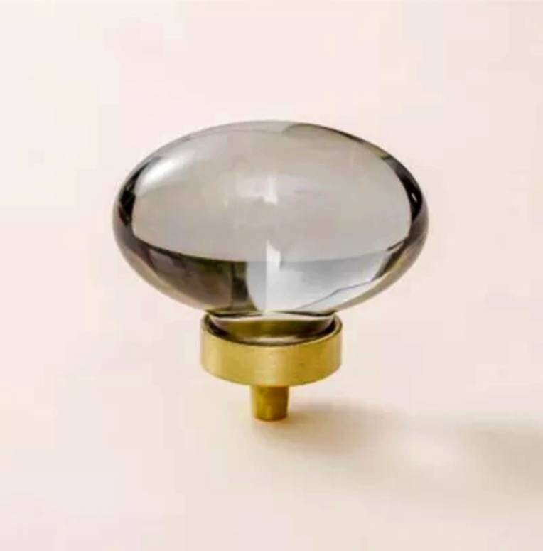 Grey oval crystal and brass cabinet pull/Retro cool grey egg shape crystal drawer knob/mid century style smooth polished crystal door handle
