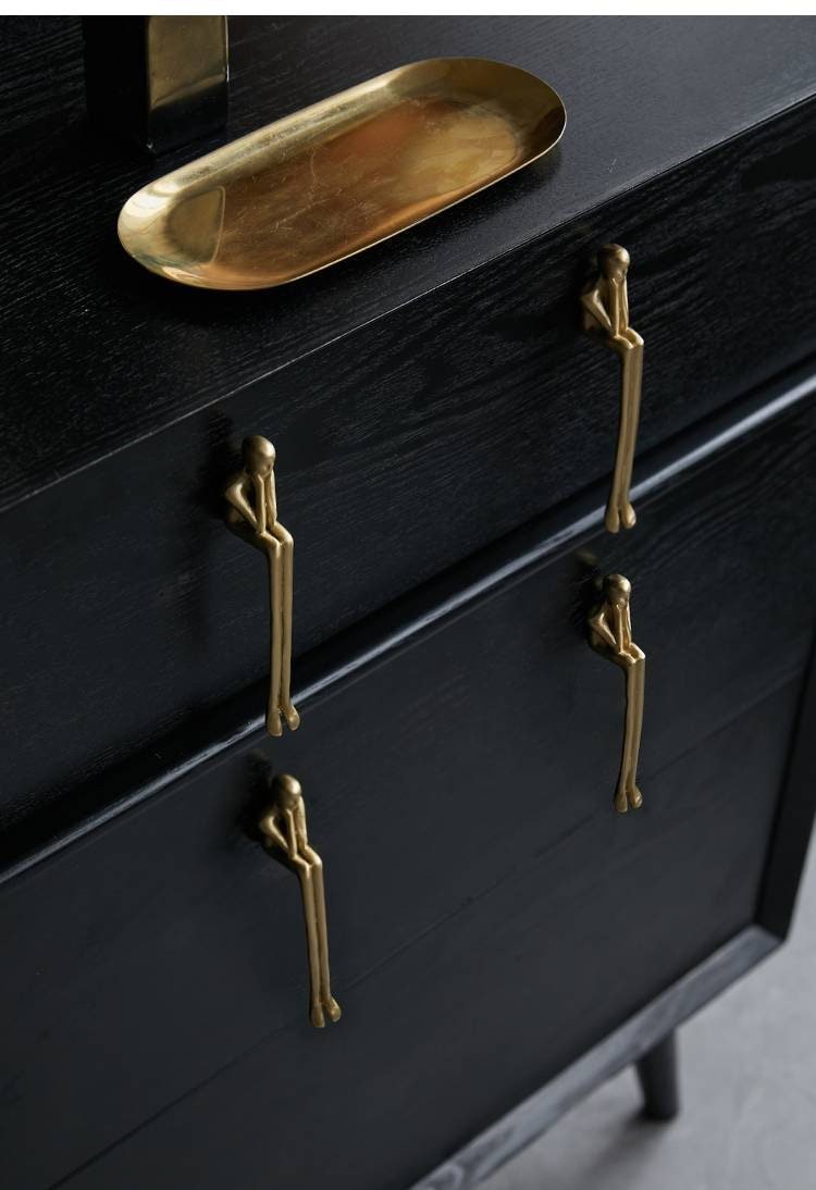 Gold brass thinking man cabinet handle/man shaped figure door handle/abstract man figurine drawer handle/unusual brass furniture hardware
