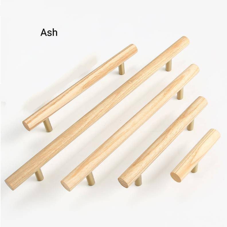 Smooth light wood and brass cabinet bar handle/Ash, Beech or Oak drawer pull/Wooden furniture hardware/Light wood and gold brass door handle