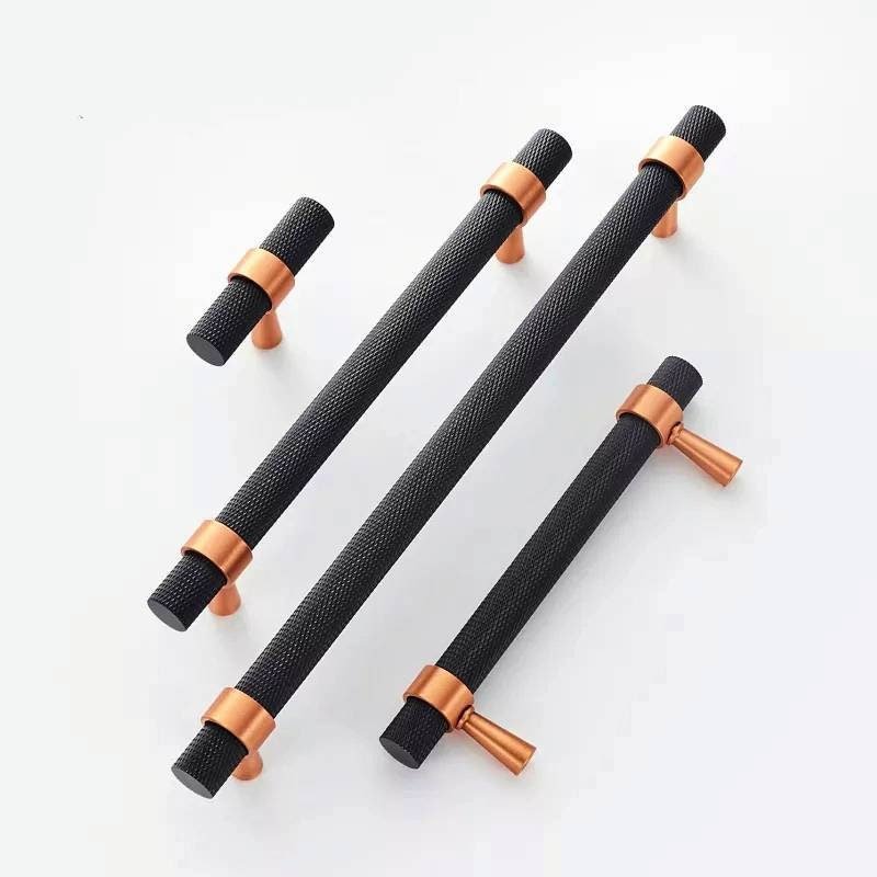 Knurled matte black and rose gold cabinet handle/copper and black drawer pull/rose gold furniture hardware/black and rose gold door handle