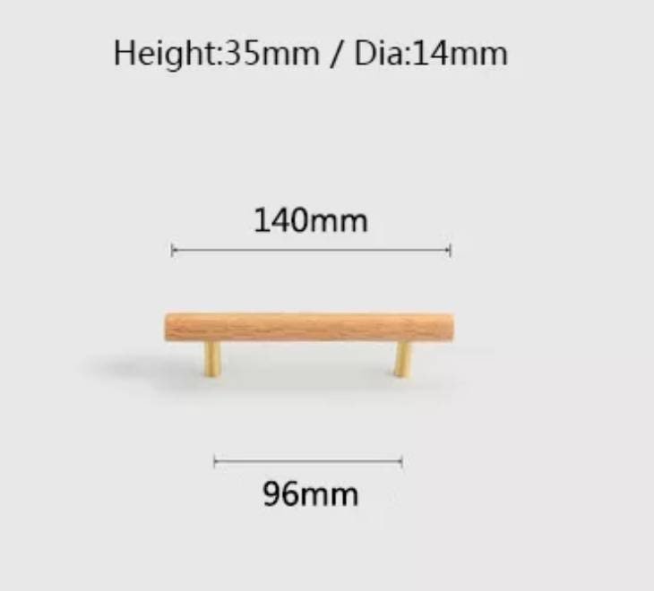 Smooth light wood and brass cabinet bar handle/Ash, Beech or Oak drawer pull/Wooden furniture hardware/Light wood and gold brass door handle