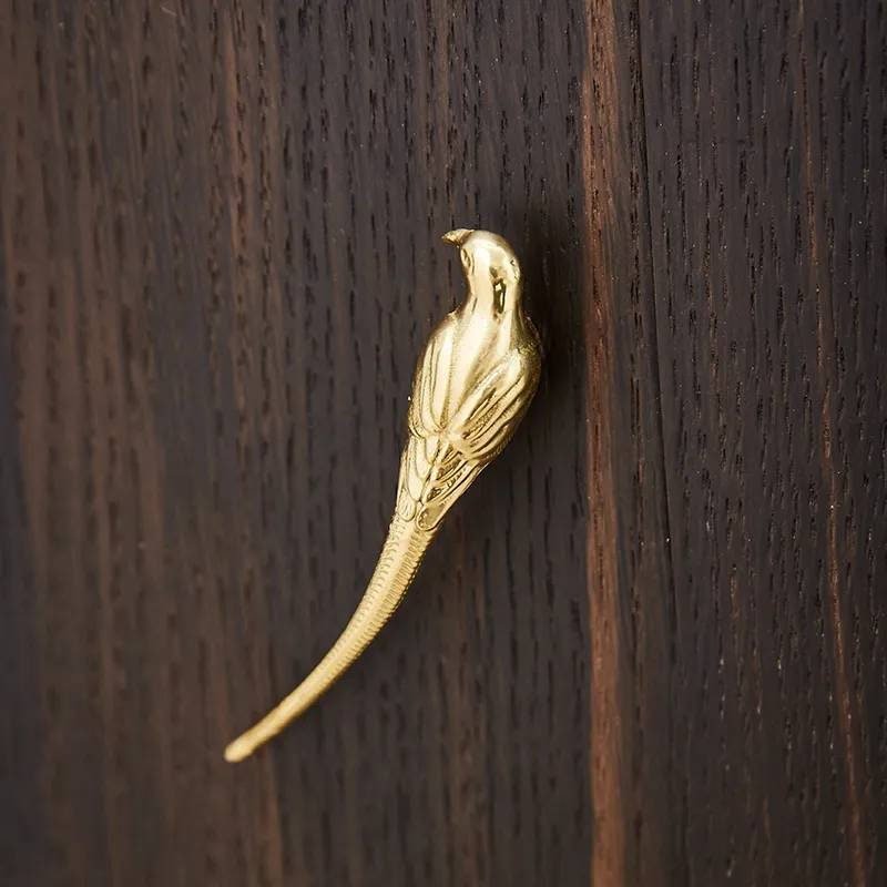 Small solid brass parrot cabinet pull/Gold bird shaped door handle/Parakeet bird design drawer pull/Unique gold brass furniture hardware