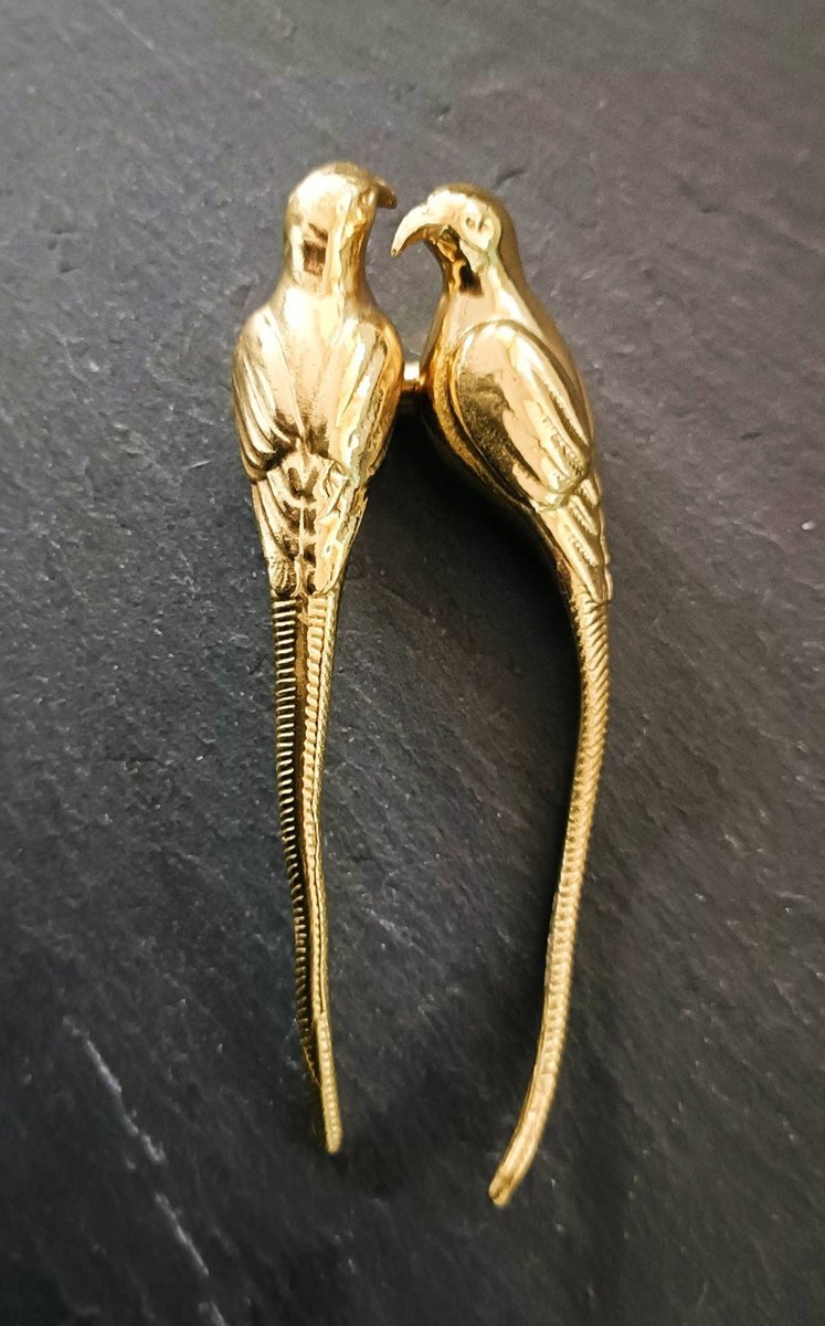 Small solid brass parrot cabinet pull/Gold bird shaped door handle/Parakeet bird design drawer pull/Unique gold brass furniture hardware
