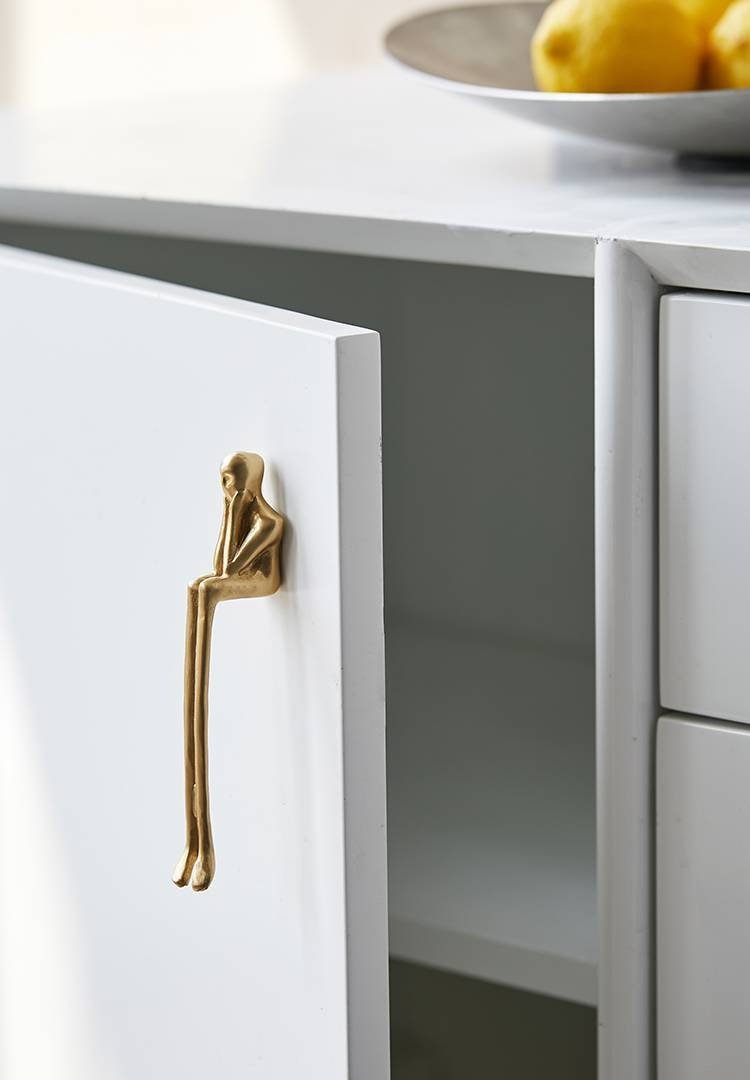 Gold brass thinking man cabinet handle/man shaped figure door handle/abstract man figurine drawer handle/unusual brass furniture hardware