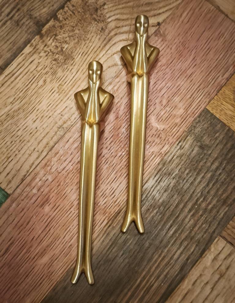 Gold brass thinking man cabinet handle/man shaped figure door handle/abstract man figurine drawer handle/unusual brass furniture hardware