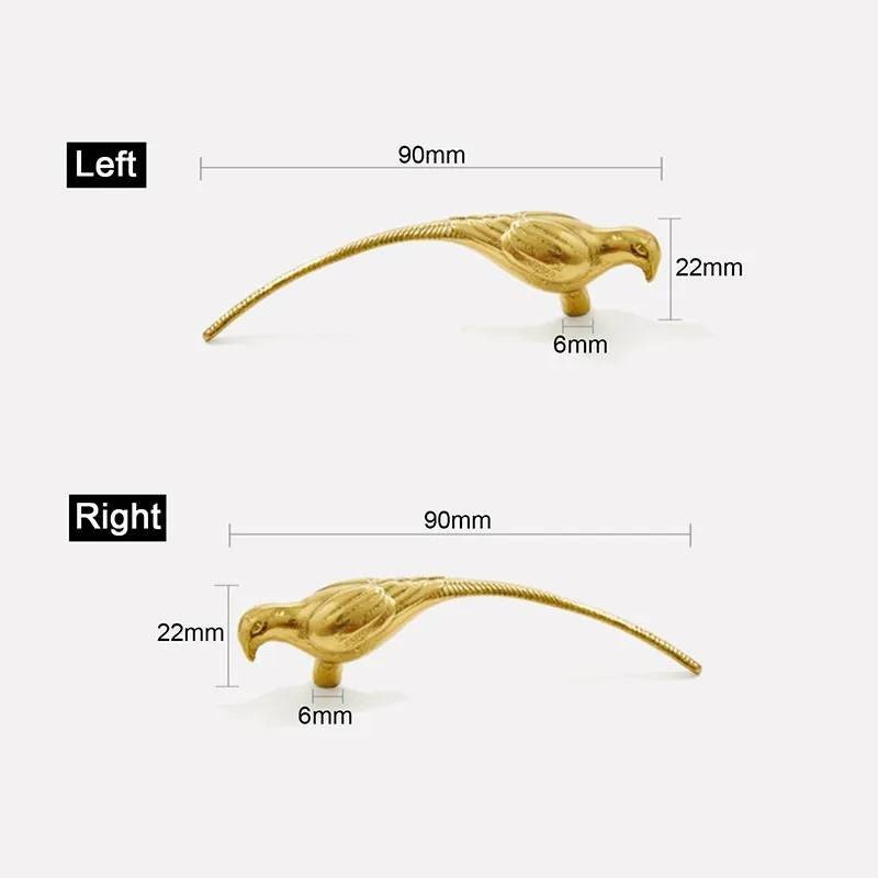 Small solid brass parrot cabinet pull/Gold bird shaped door handle/Parakeet bird design drawer pull/Unique gold brass furniture hardware