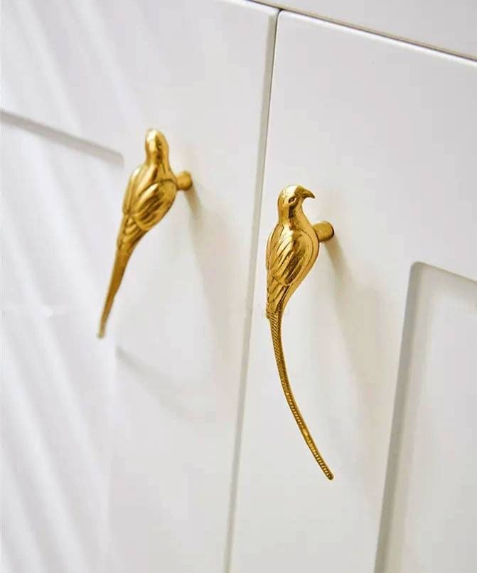 Small solid brass parrot cabinet pull/Gold bird shaped door handle/Parakeet bird design drawer pull/Unique gold brass furniture hardware