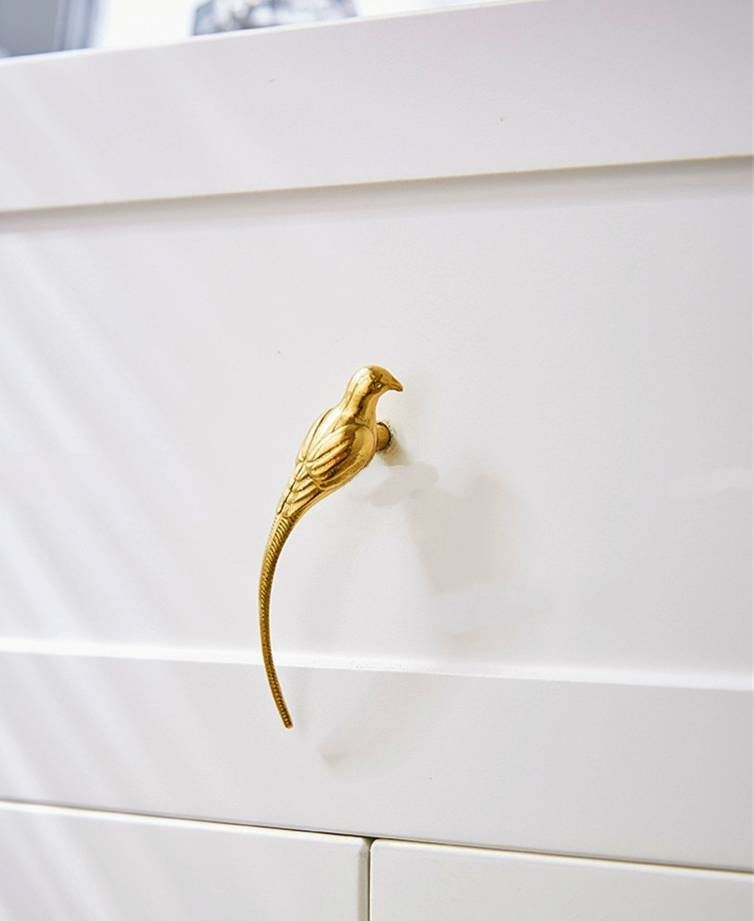Small solid brass parrot cabinet pull/Gold bird shaped door handle/Parakeet bird design drawer pull/Unique gold brass furniture hardware