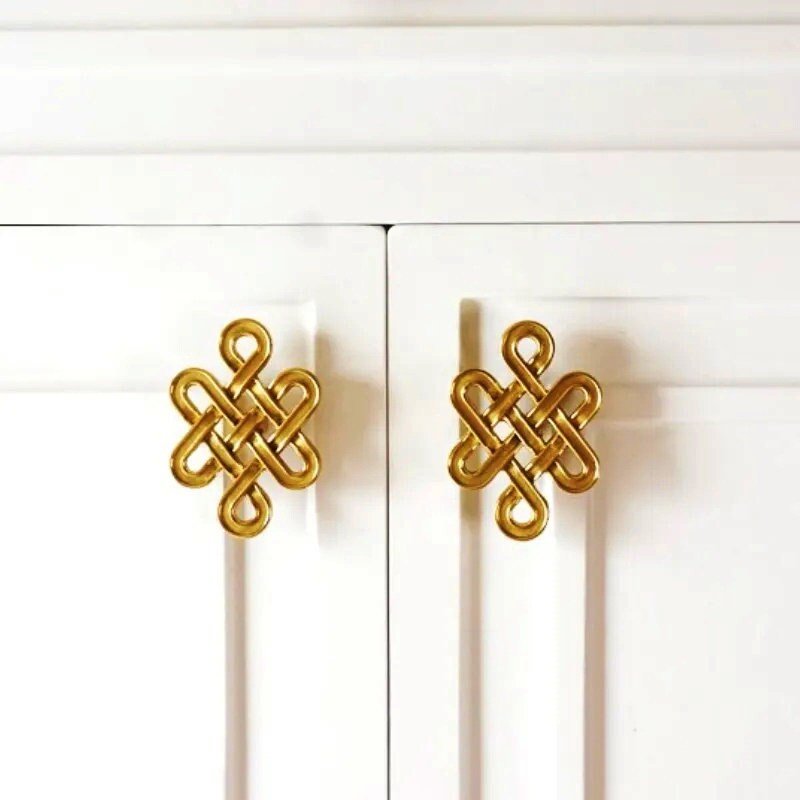 A Pair of gold brass celtic knot style solid brass handles/Brass infinity sign cabinet pulls/Intricate knot design door knob/brass hardware