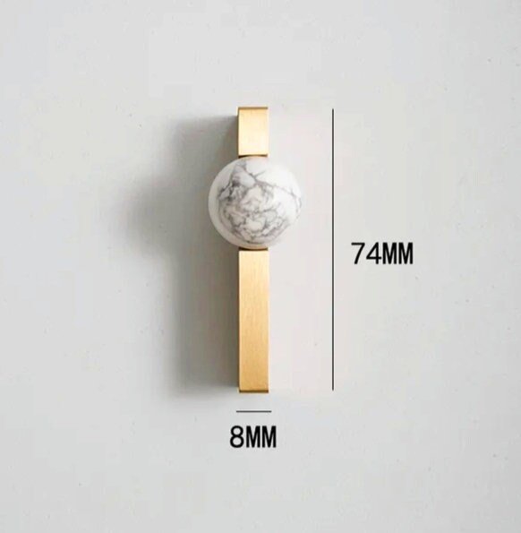 White and grey marble stone ball and brass bar handle/Marble stone drawer pull/unique cabinet handle/IKEA hack/wardrobe door handle