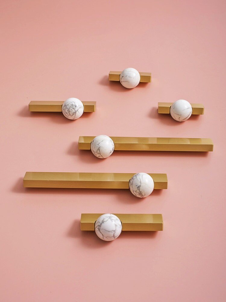 White and grey marble stone ball and brass bar handle/Marble stone drawer pull/unique cabinet handle/IKEA hack/wardrobe door handle