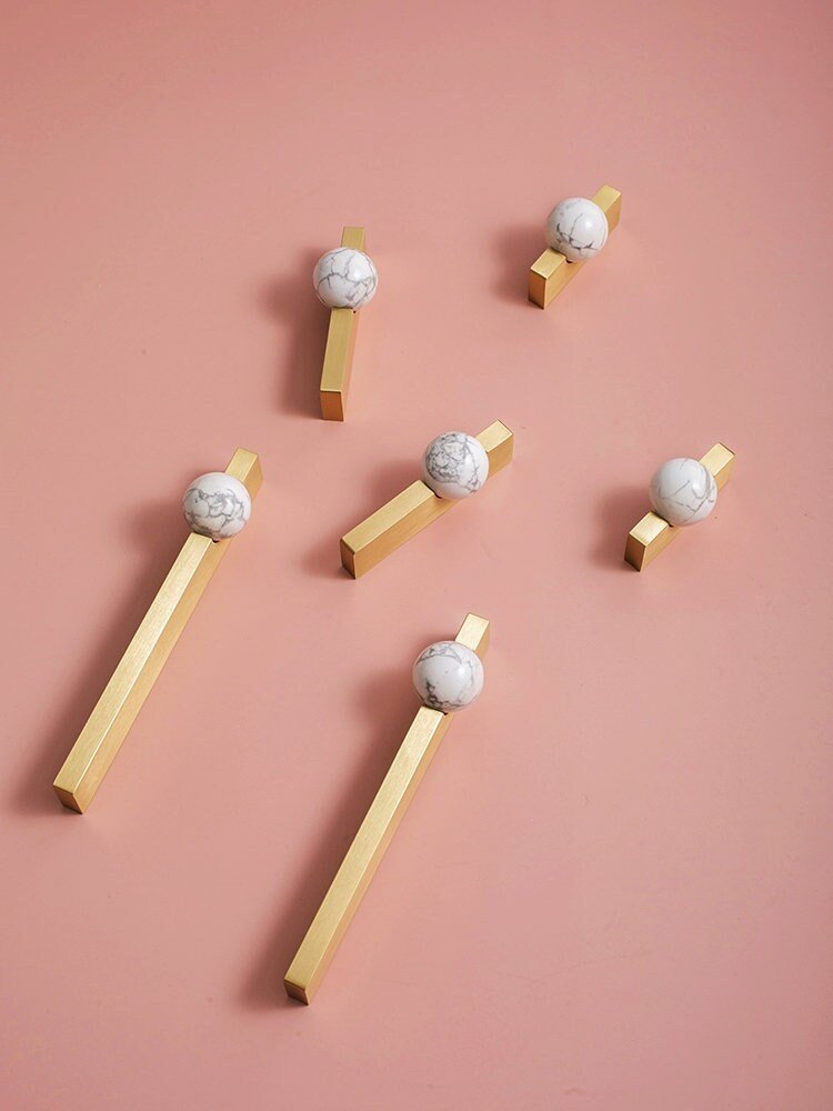 White and grey marble stone ball and brass bar handle/Marble stone drawer pull/unique cabinet handle/IKEA hack/wardrobe door handle