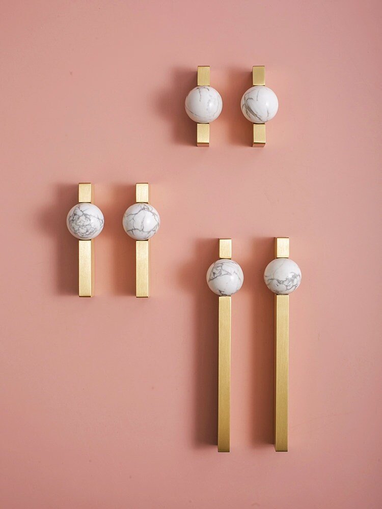 White and grey marble stone ball and brass bar handle/Marble stone drawer pull/unique cabinet handle/IKEA hack/wardrobe door handle
