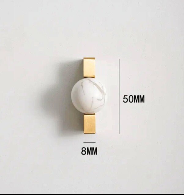 White and grey marble stone ball and brass bar handle/Marble stone drawer pull/unique cabinet handle/IKEA hack/wardrobe door handle