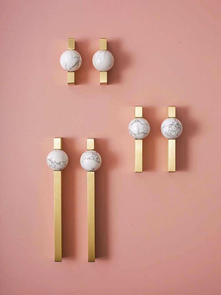 White and grey marble stone ball and brass bar handle/Marble stone drawer pull/unique cabinet handle/IKEA hack/wardrobe door handle