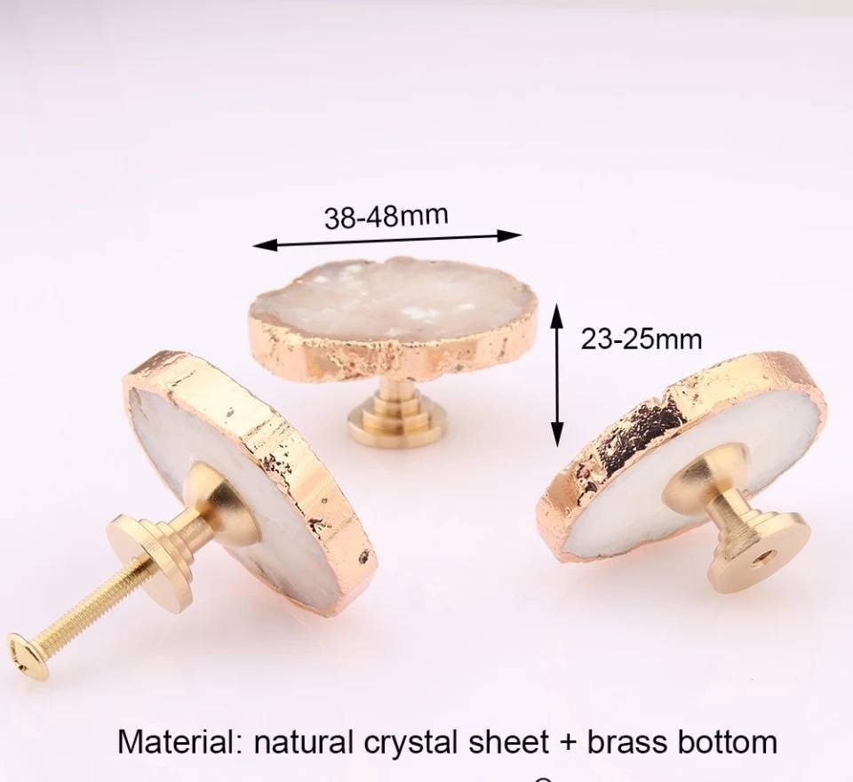 White quartz crystal slice drawer pull/Raw crystal cabinet handle/Crystal furniture hardware/Crystal and brass cabinet pull/Geode door knob