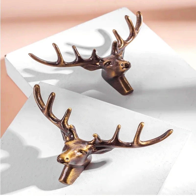 Golden or Bronze Stag with 8 point antlers drawer handle/Deer Head Cabinet Pull/Gold or Bronze Stag head Door Handle/woodland decor/hardware