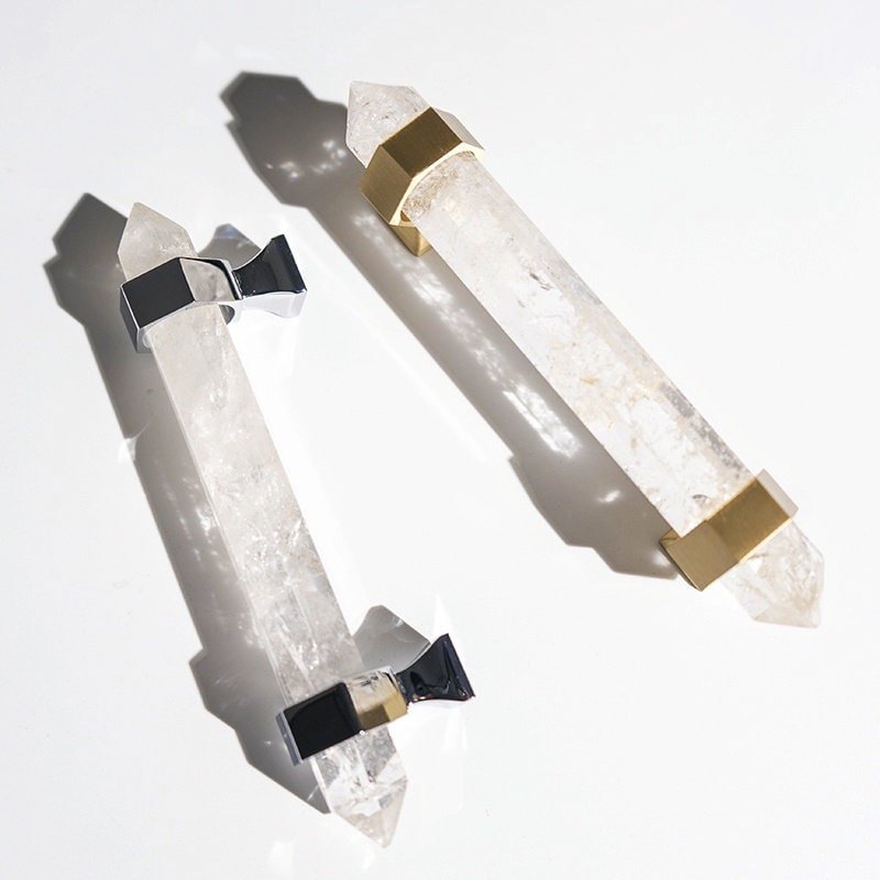 Luxury hexagonal white quartz crystal cabinet bar handle with gold or silver fixings/gemstone drawer pull/semi precious stone door handle