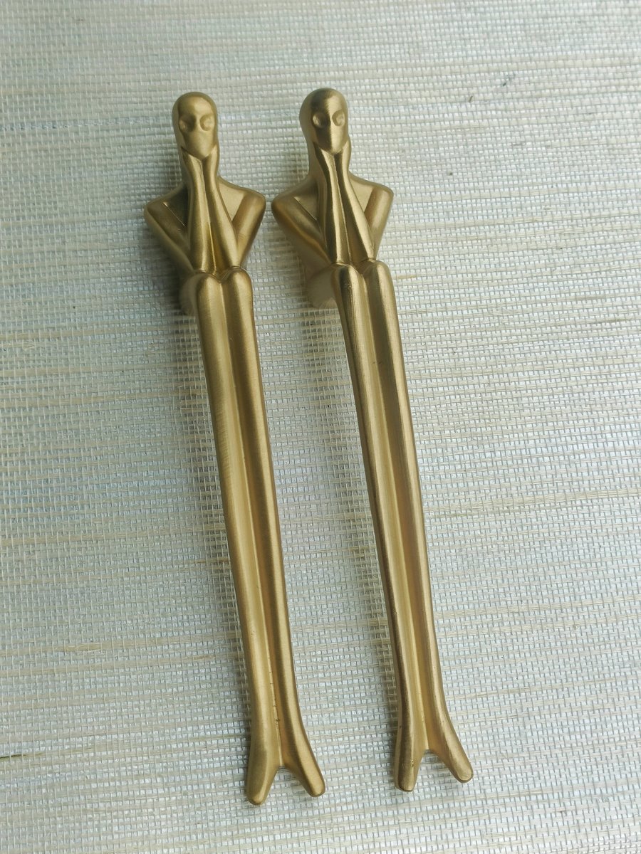 Gold brass thinking man cabinet handle/man shaped figure door handle/abstract man figurine drawer handle/unusual brass furniture hardware