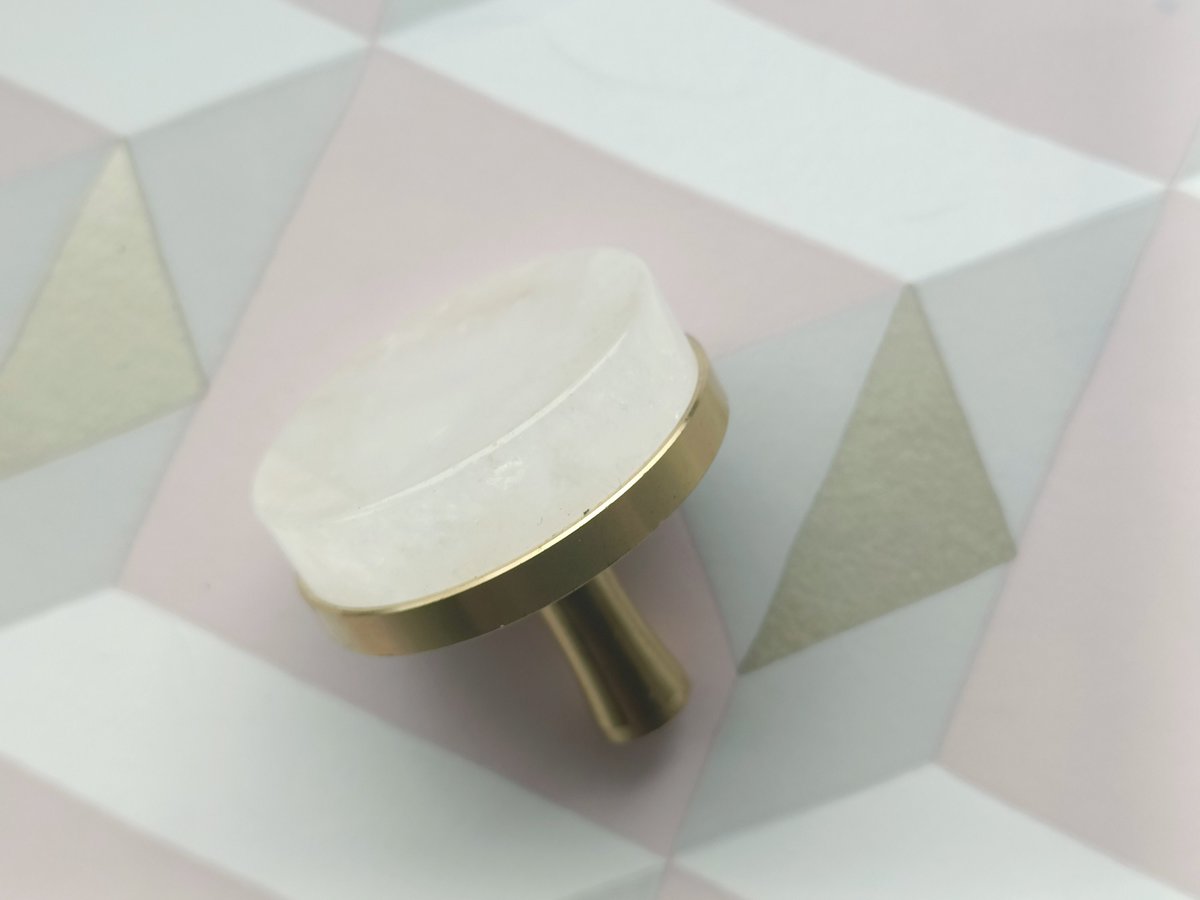 Round white quartz crystal and brass drawer pull/large gemstone cabinet handle/white crystal and brass door handle/Gemstone hardware