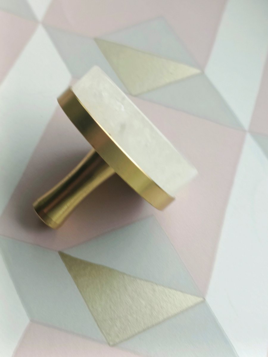 Round white quartz crystal and brass drawer pull/large gemstone cabinet handle/white crystal and brass door handle/Gemstone hardware