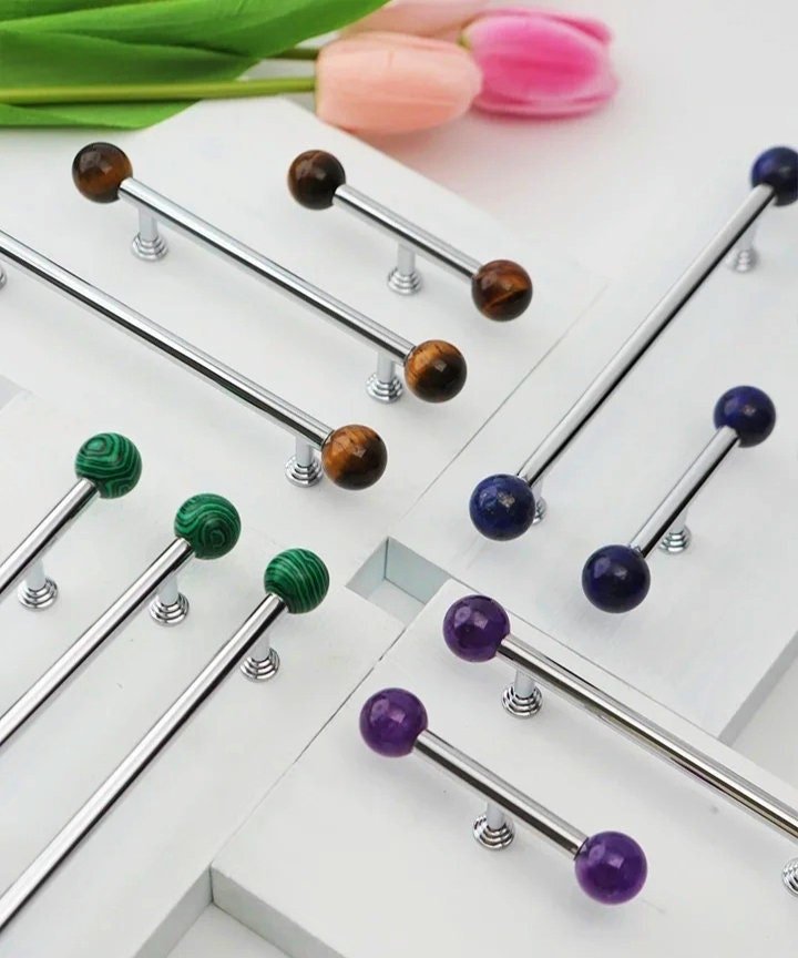 Silver bar handle with semi precious stone balls/Colourful cabinet handle/Stone furniture hardware/crystal drawer pull/Silver cabinet pull
