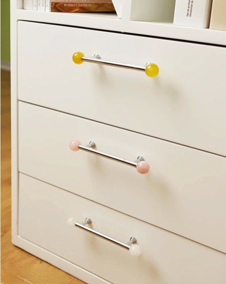 Silver bar handle with semi precious stone balls/Colourful cabinet handle/Stone furniture hardware/crystal drawer pull/Silver cabinet pull