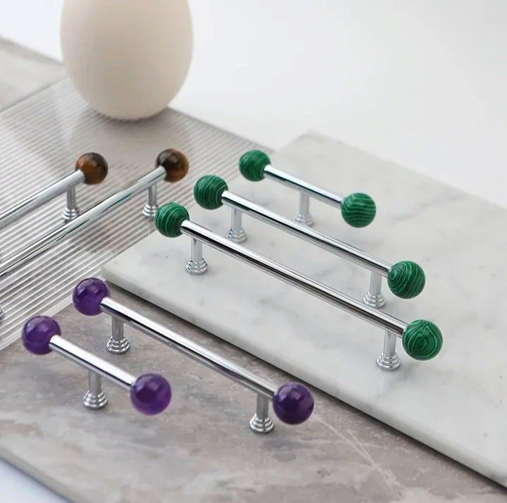 Silver bar handle with semi precious stone balls/Colourful cabinet handle/Stone furniture hardware/crystal drawer pull/Silver cabinet pull