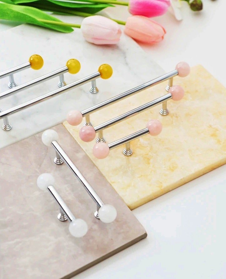 Silver bar handle with semi precious stone balls/Colourful cabinet handle/Stone furniture hardware/crystal drawer pull/Silver cabinet pull
