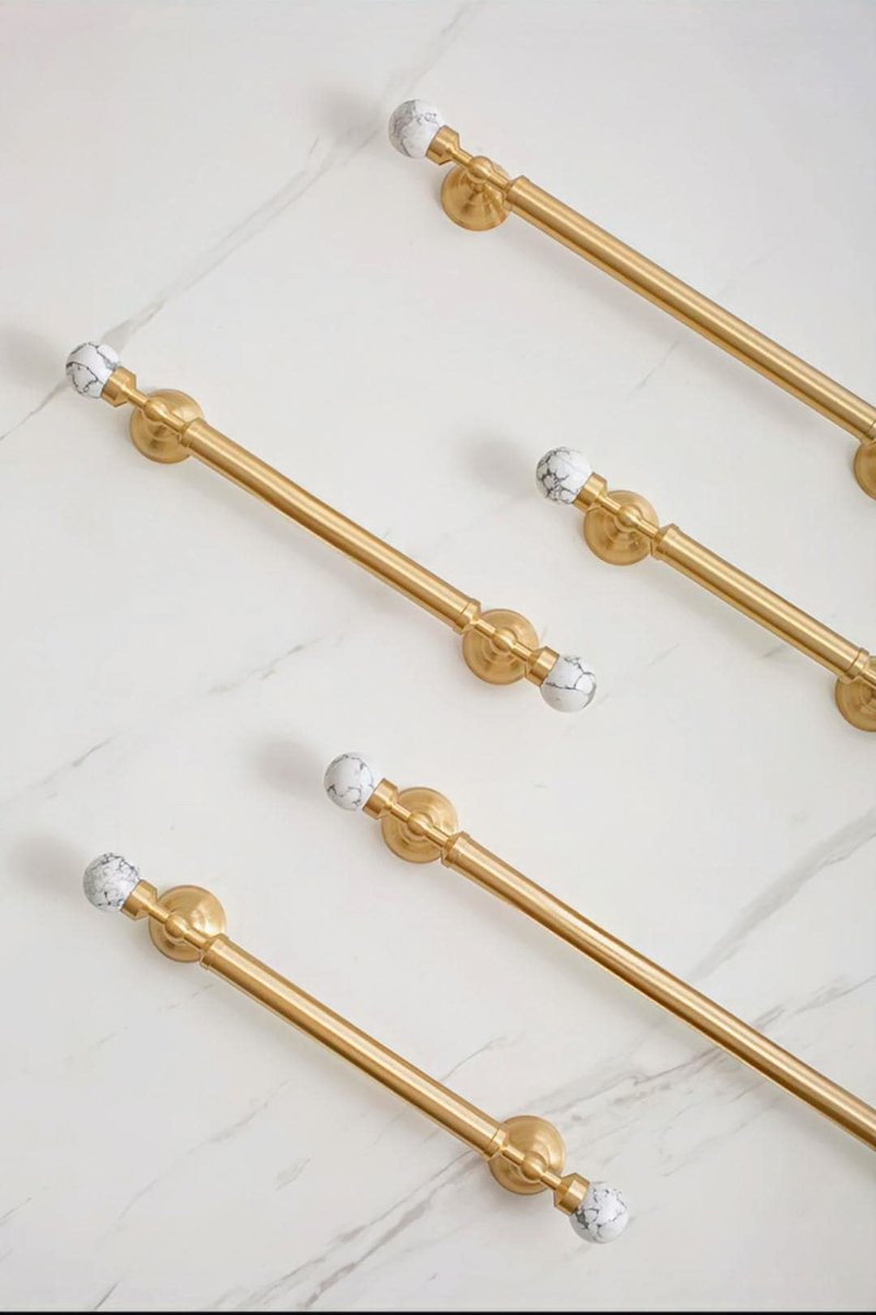 White marble and brass bar handle/Stone and brass drawer pull/unique cabinet handle/IKEA hack/wardrobe door handle/Geometric shaped hardware
