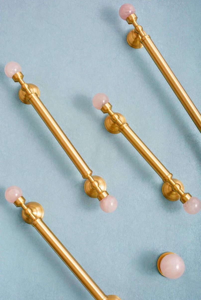 Geometric pink crystal and brass bar handle/Semi precious stone and brass drawer pull/unique cabinet handle/IKEA hack/wardrobe door handle