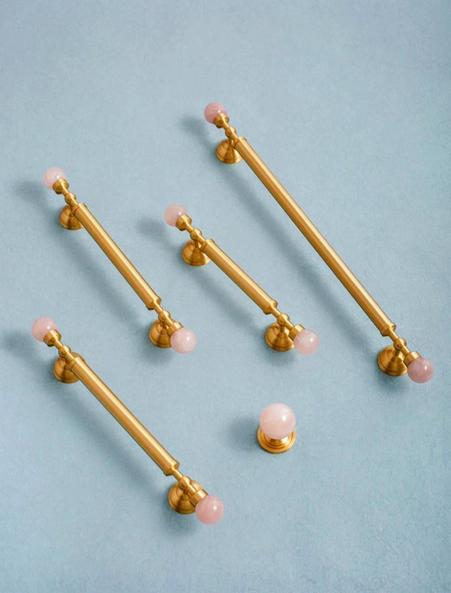 Geometric pink crystal and brass bar handle/Semi precious stone and brass drawer pull/unique cabinet handle/IKEA hack/wardrobe door handle