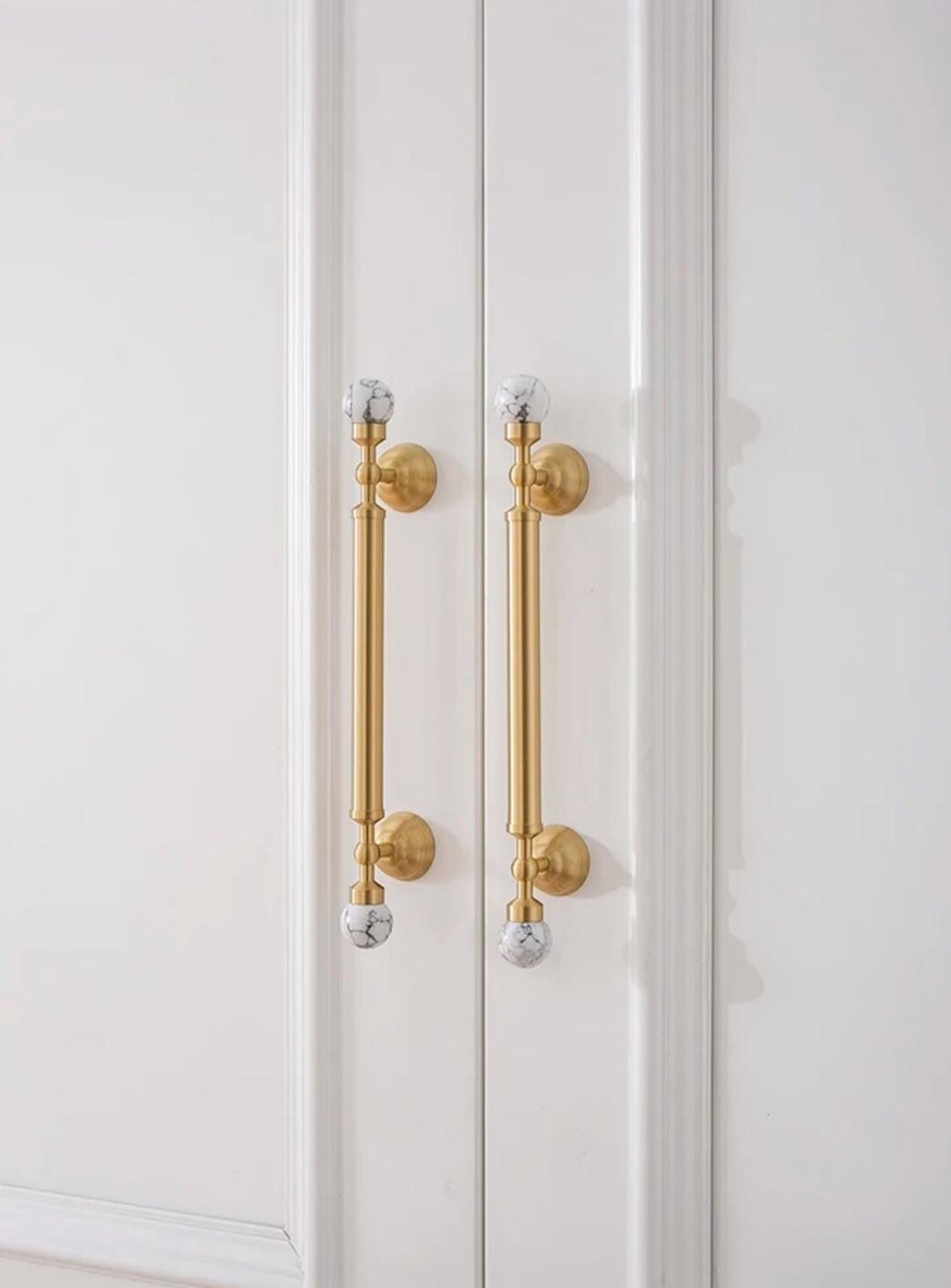 White marble and brass bar handle/Stone and brass drawer pull/unique cabinet handle/IKEA hack/wardrobe door handle/Geometric shaped hardware