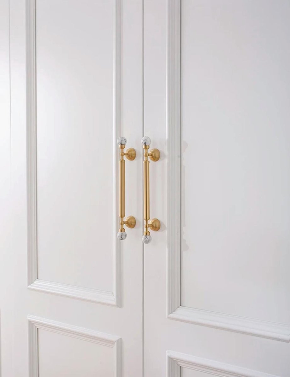 White marble and brass bar handle/Stone and brass drawer pull/unique cabinet handle/IKEA hack/wardrobe door handle/Geometric shaped hardware