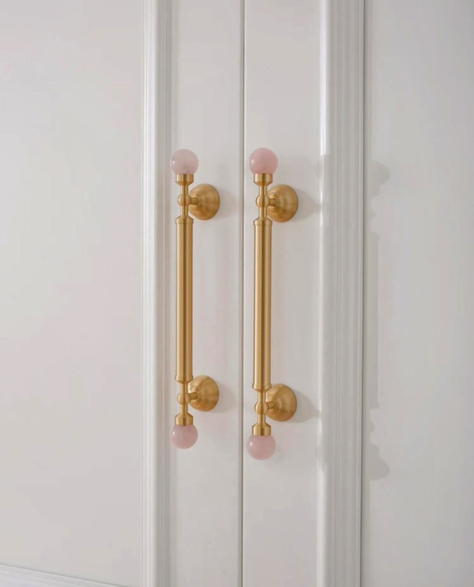 Geometric pink crystal and brass bar handle/Semi precious stone and brass drawer pull/unique cabinet handle/IKEA hack/wardrobe door handle