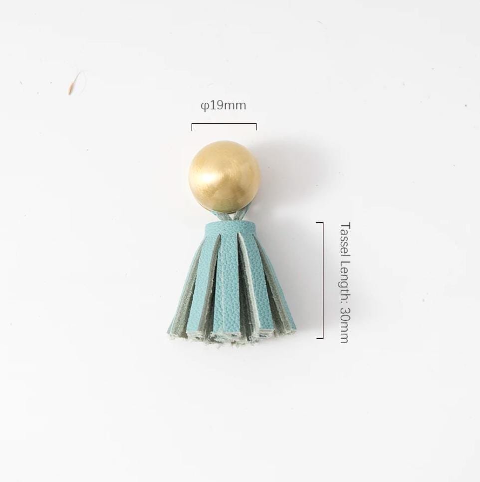 Gold brass and leather tassel drawer handle/Brass and leather tassel cabinet pull/Colourful leather and brass door handle/Leather hardware