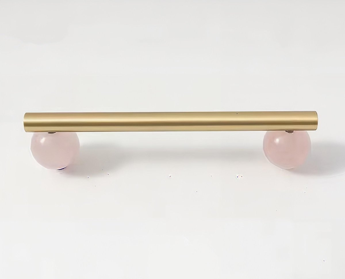 Silky matte gold brass bar handle resting on semi precious stone balls/colourful cabinet handle/stone furniture hardware/crystal drawer pull