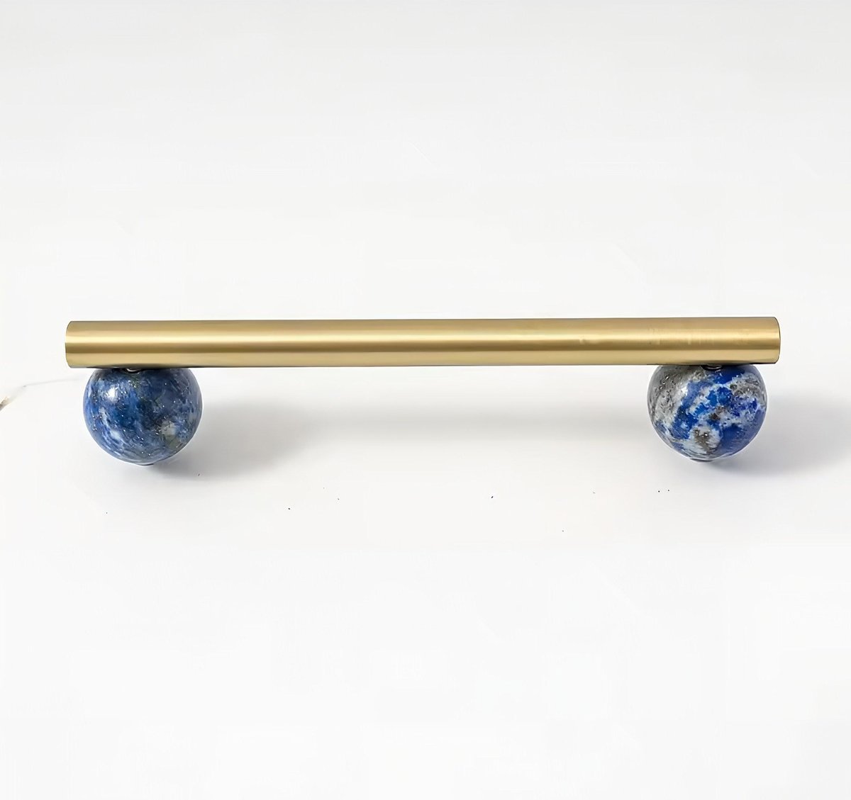 Silky matte gold brass bar handle resting on semi precious stone balls/colourful cabinet handle/stone furniture hardware/crystal drawer pull