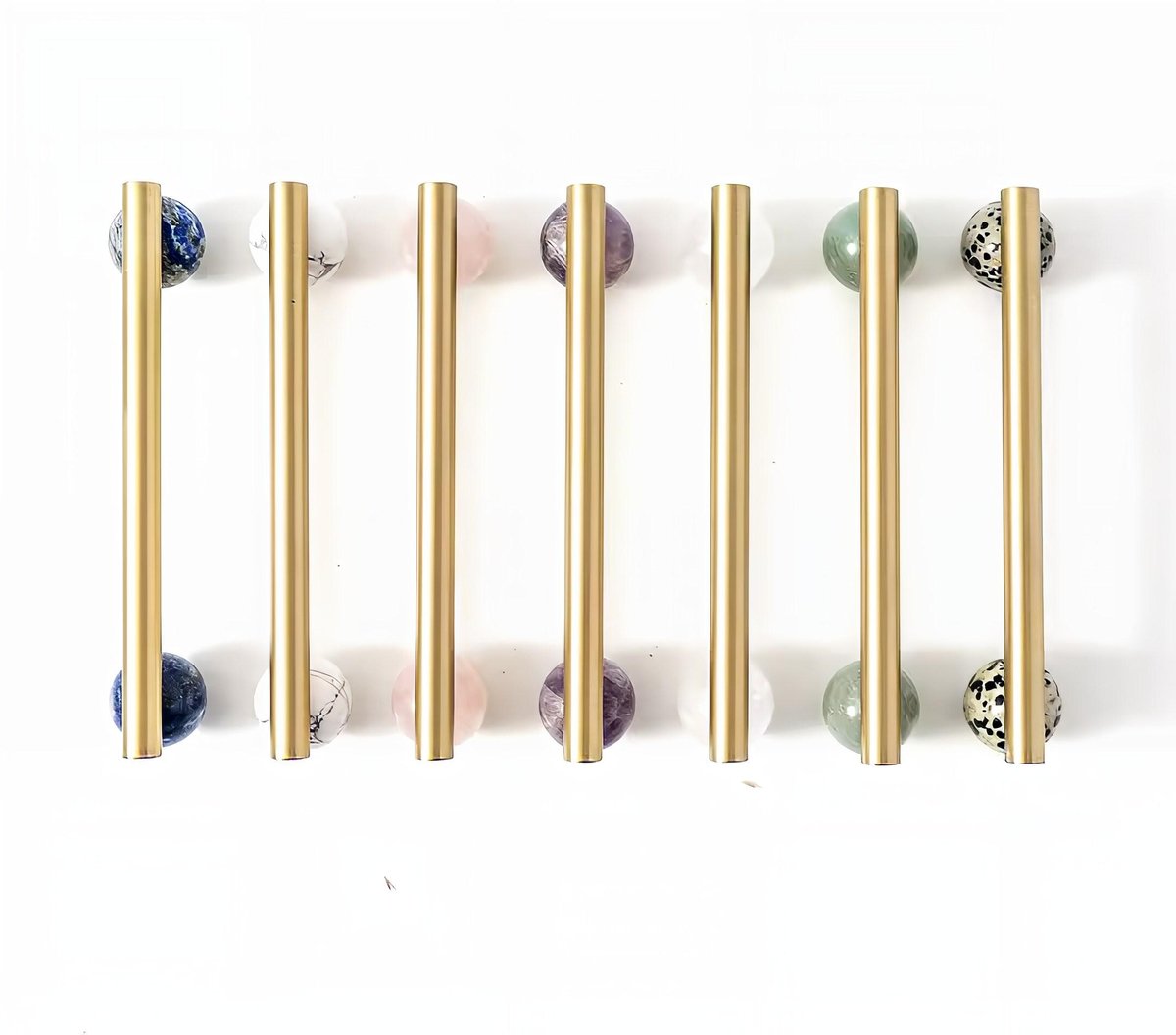 Silky matte gold brass bar handle resting on semi precious stone balls/colourful cabinet handle/stone furniture hardware/crystal drawer pull