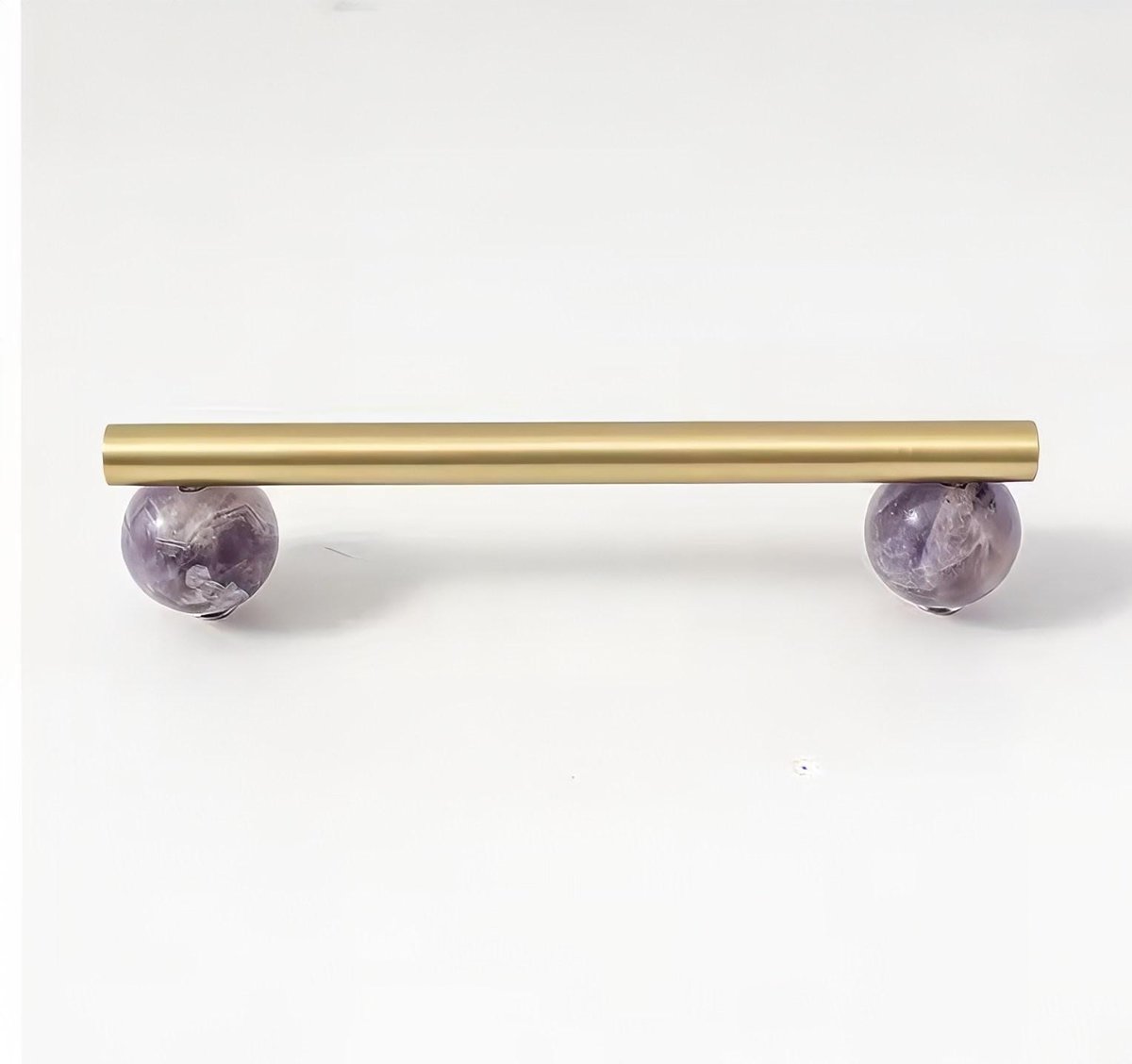 Silky matte gold brass bar handle resting on semi precious stone balls/colourful cabinet handle/stone furniture hardware/crystal drawer pull