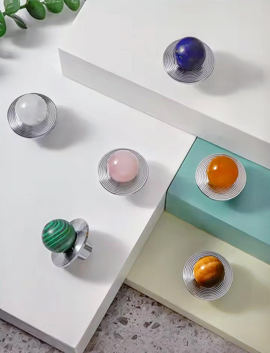 Round colourful semi precious stone ball and brass drawer pull/bright gemstone cabinet handle/Retro style door knob/mcm brass drawer handle