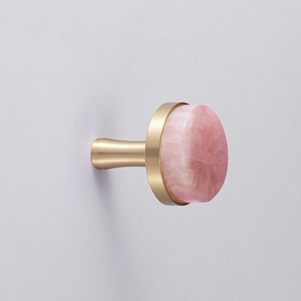 Round rose quartz crystal and brass drawer pull/large gemstone cabinet handle/pink crystal and brass door handle/Semi precious stone handle