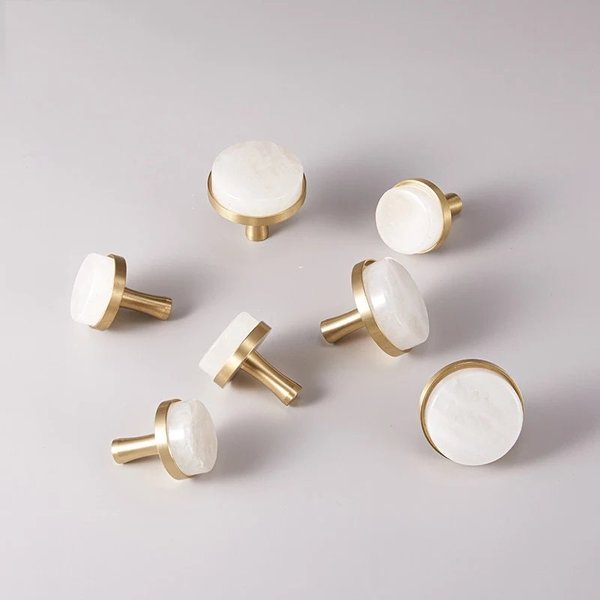 Round white quartz crystal and brass drawer pull/large gemstone cabinet handle/white crystal and brass door handle/Gemstone hardware