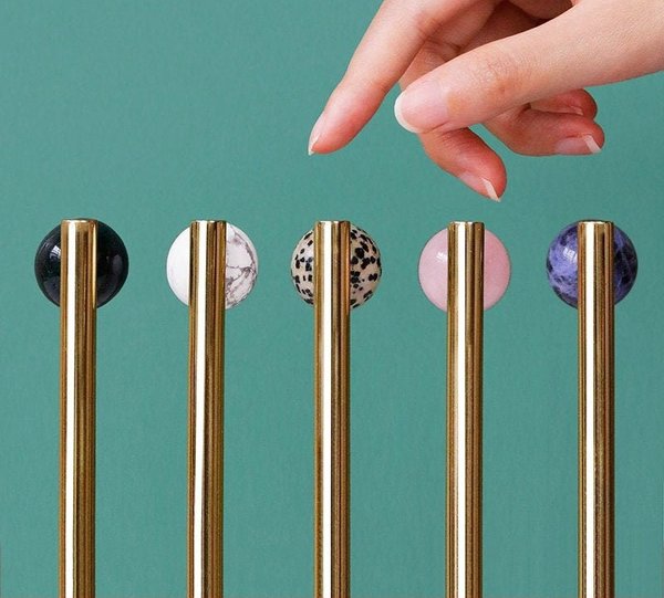 Shiny gold brass bar handle resting on semi precious stone balls/colourful cabinet handle/stone furniture hardware/crystal drawer pull