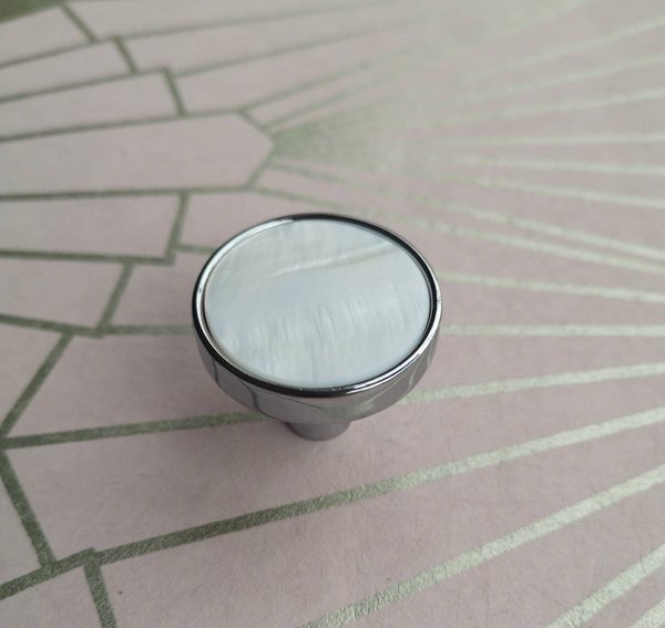 Round bright white mother of pearl and silver drawer handle/White pearl and shiny silver cabinet handle/Pearl shell and silver door knob