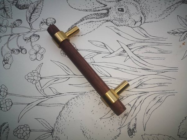 Dark brown wood and gold brass cylindrical shaped bar handle/wooden drawer pull/kitchen furniture hardware/modern cabinet handle/simple look